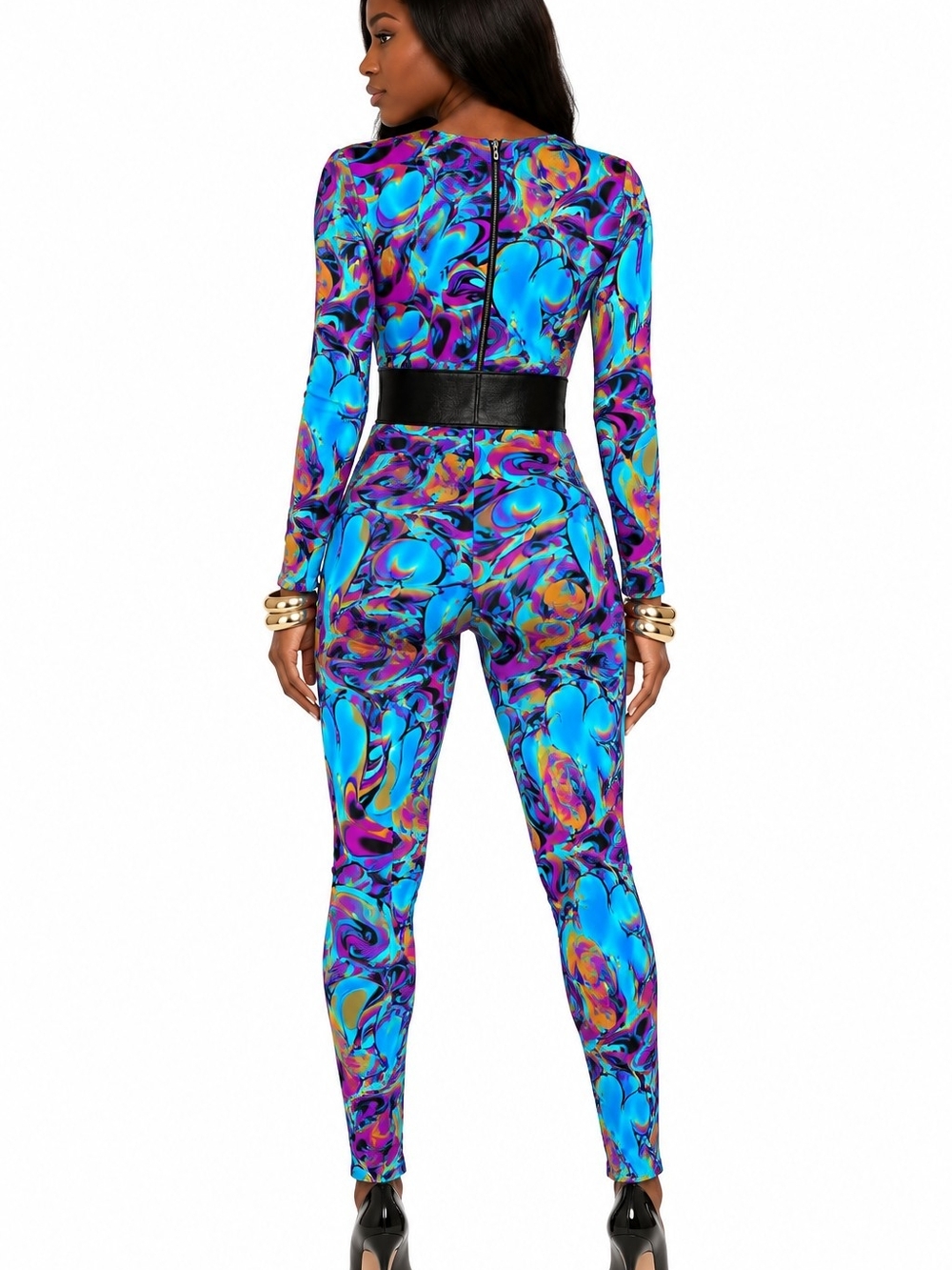 LECOIR Blue Multicolor Swirl Long-Sleeve Jumpsuit - Bodycon Bodysuit -Large NWOT - Picture 2 of 10